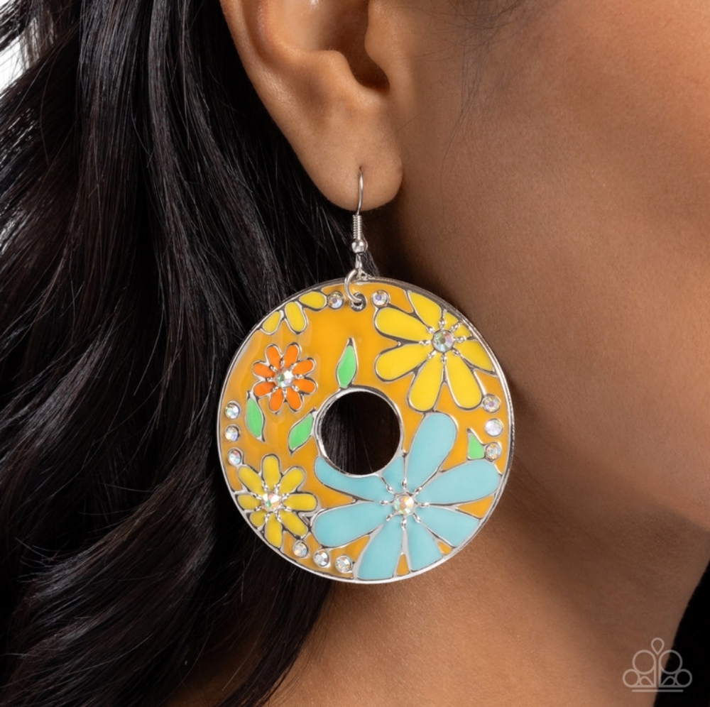 Paparazzi Yellow and Silver Statement Earrings with Floral Design